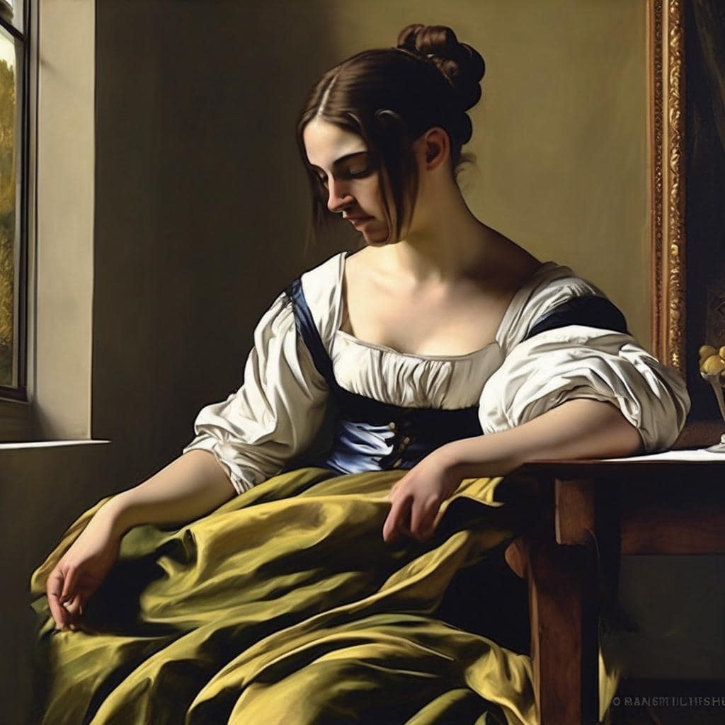 Μοντέρνα ελαιογραφία μιας νεαρής γυναίκας σε παραδοσιακή στολή, που εξέχει στοιχεία μορφής και ασάφειας, δημιουργώντας μια αίσθηση ηρεμίας και πνευματικής εσωτερικότητας.