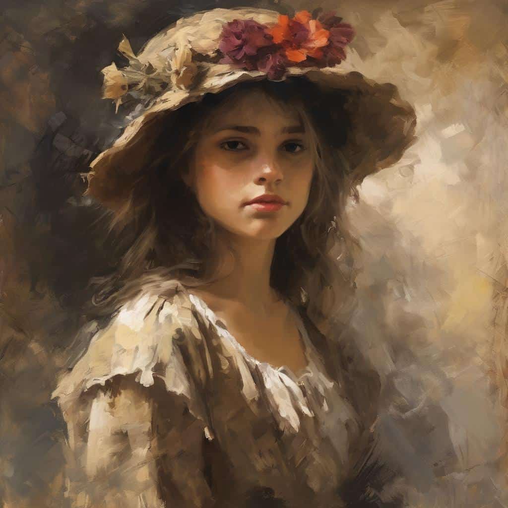 Όμορφη νεαρή γυναίκα με καπέλο και λουλούδια, σε ρεαλιστικό πορτρέτο που συνδυάζει μορφή και ασάφεια, ενίσχυση της εικαστικής έκφρασης και δημιουργικότητας.