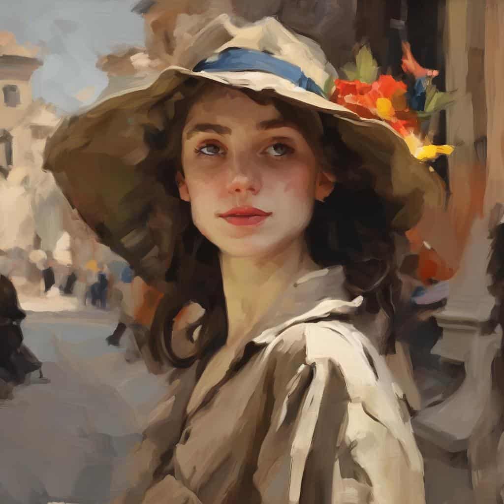 Χαριτωμένη γυναίκα με μεγάλο καπέλο και λευκό φόρεμα σε αστική περιβάλλον, συνύπαρξη μορφής και ασάφειας, ρεαλιστικό πορτρέτο με καλλιτεχνική εφέ.