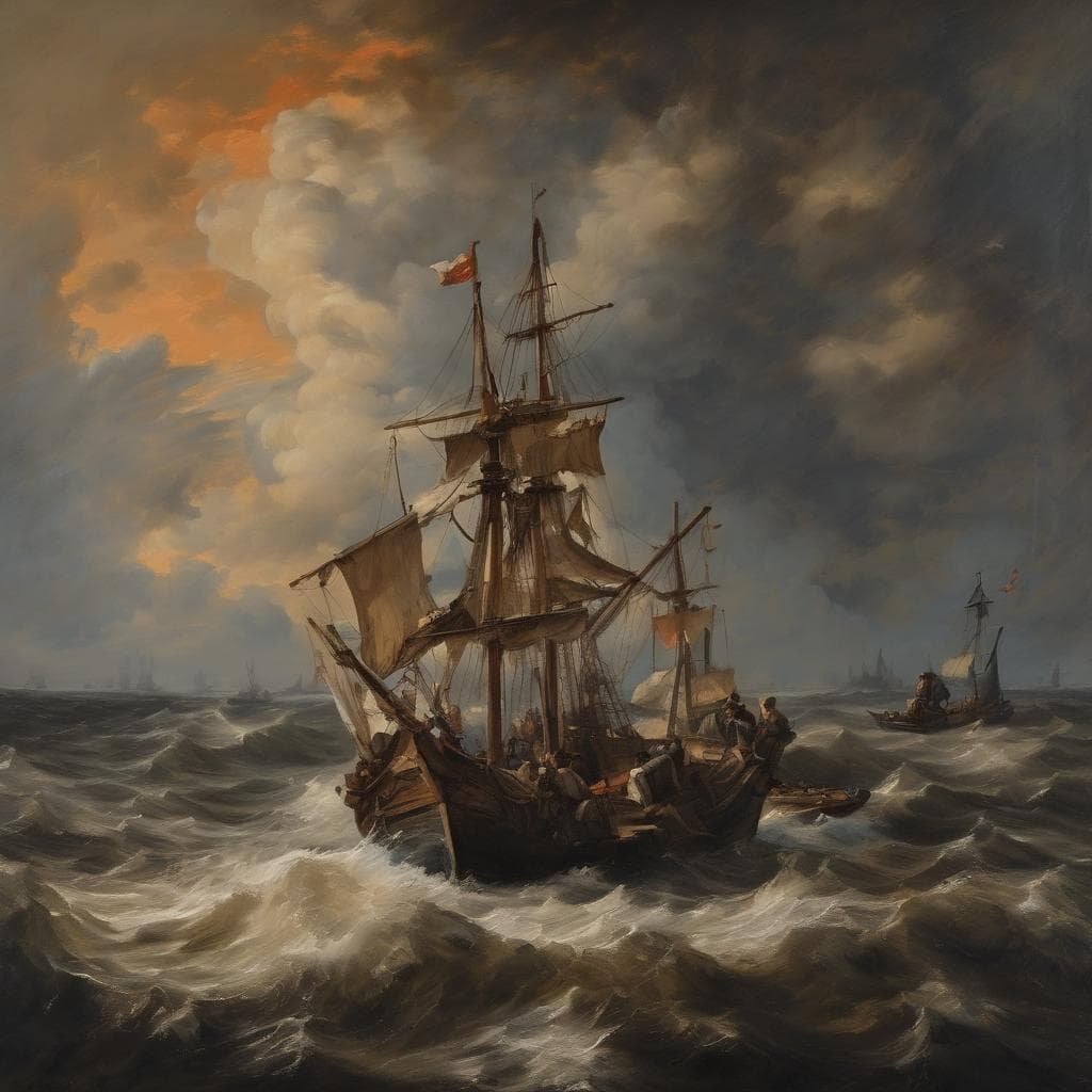 Παραδοσιακό πίνακα με πλοία σε ταραγμένη θαλάσσια επιφάνεια, αντανακλά την ένταση και την ομορφιά της φύσης και την ανθρώπινη αντοχή στη θάλασσα.