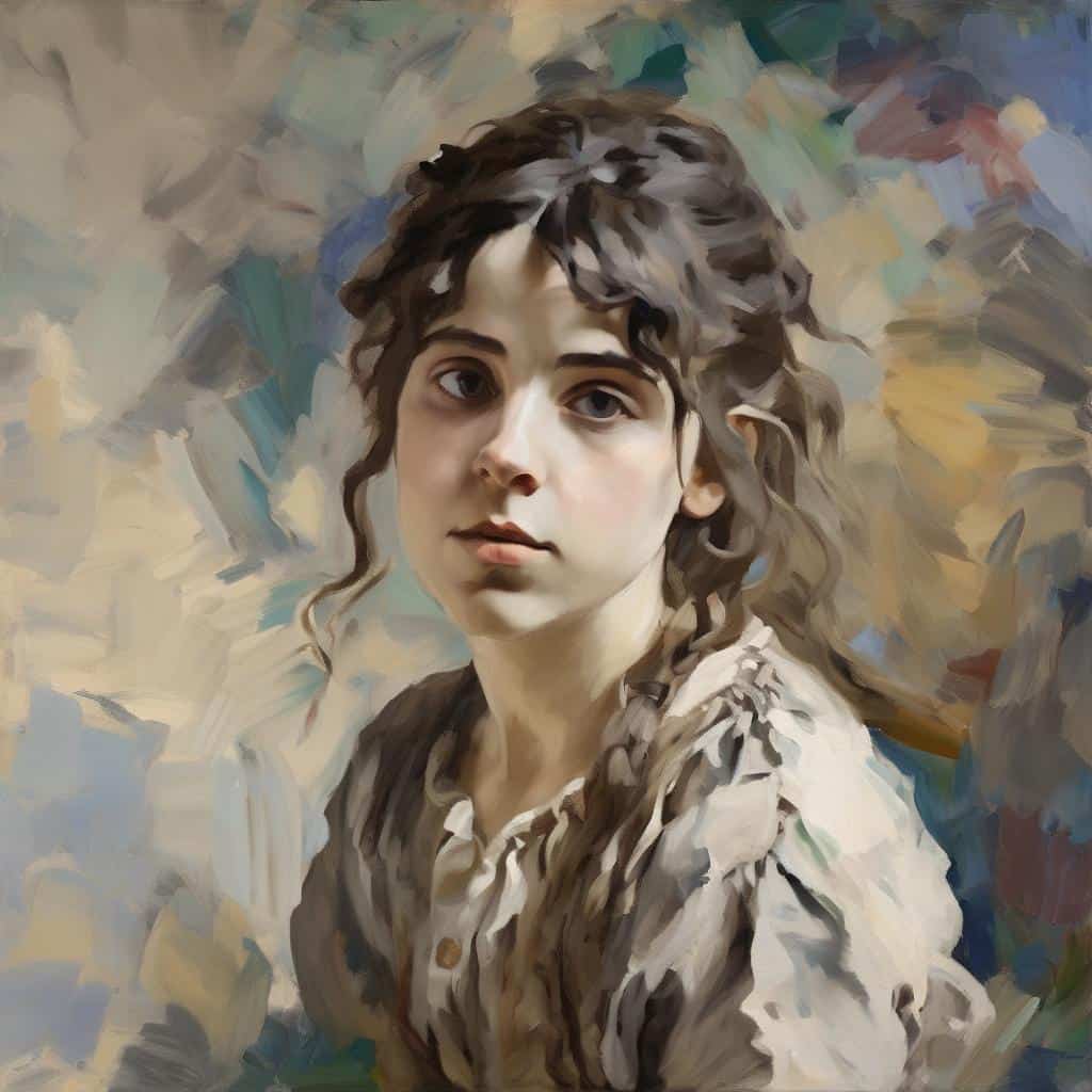 Ομορφος νεαρός με σγουρά καστανά μαλλιά, πορτρέτο σε ζωγραφική, εικαστική απεικόνιση με έμφαση στη μορφή και την ασάφεια στο φόντο.