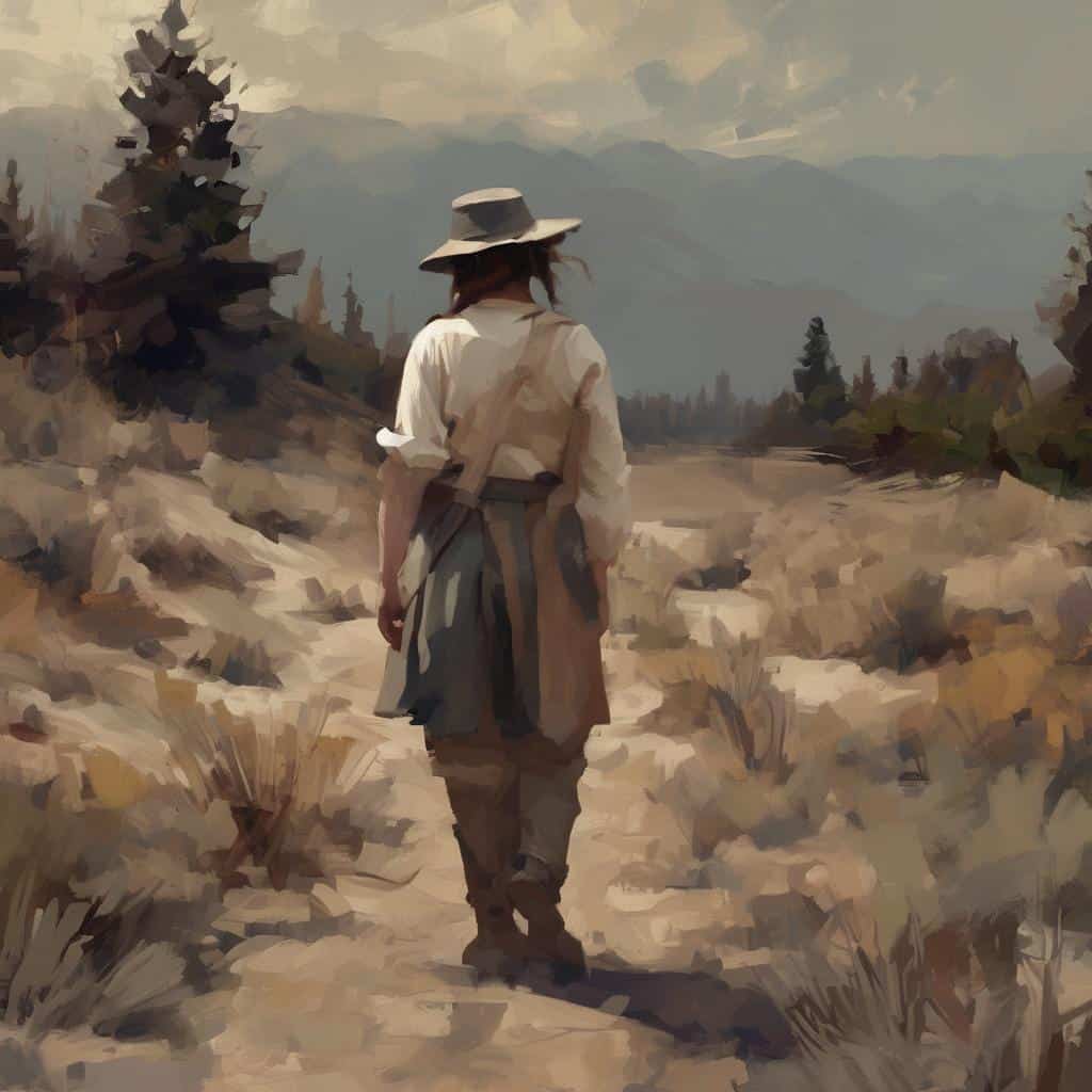 Οπτικό έργο με γυναίκα στην ύπαιθρο με σύννεφα και βουνά, διαισθητική αποτύπωση της συνύπαρξης μορφής και ασάφειας, εξερεύνηση της φύσης και της ανθρώπινης ύπαρξης σε μια ήρεμη και μυστηριωδη ατμόσφαιρα.